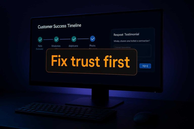 Customer success dashboard showing testimonial timing checkpoints with a #df9800 banner reading “Fix trust first”