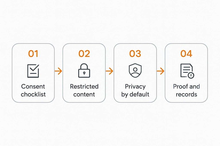 Four-step flow: Consent checklist → Restricted content → Privacy by default → Proof and records
