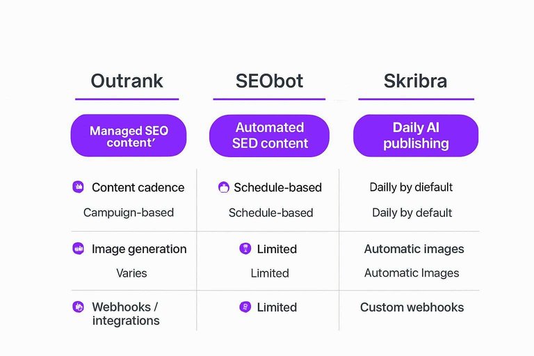 Three-column comparison: Managed SEO content vs Automated SEO content vs Daily AI publishing across key features