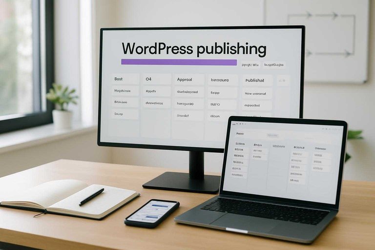 Monitor shows workflow dashboard with a #ad00cc banner reading "WordPress publishing" and columns for draft-to-publish.