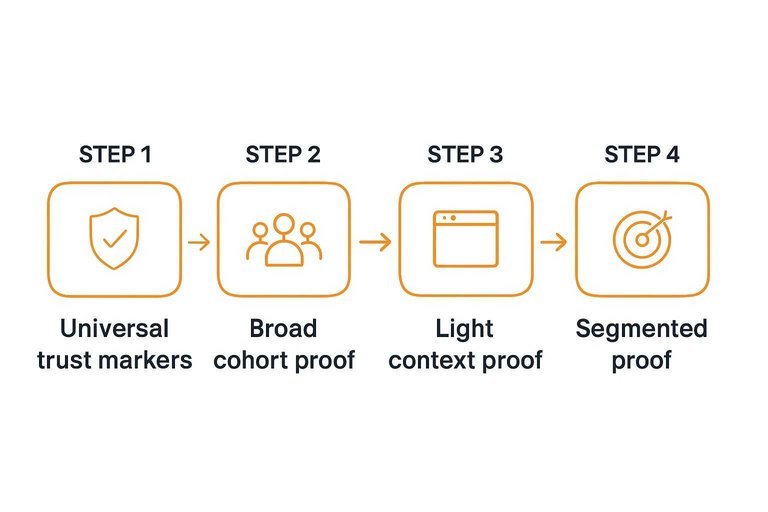 Four-step flow: Universal trust markers → Broad cohort proof → Light context proof → Segmented proof