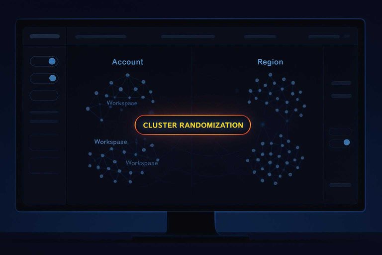 Experiment dashboard in dark mode showing grouped network nodes with a glowing “CLUSTER RANDOMIZATION” label