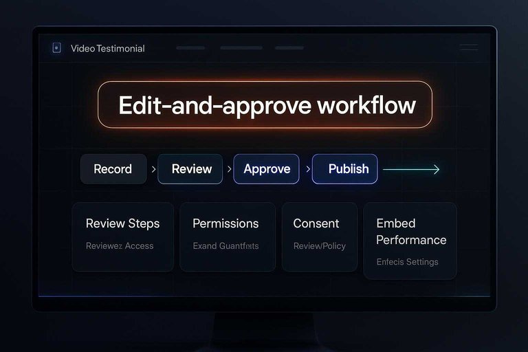Dark dashboard for video testimonials with a glowing #df9800 label reading 'Edit-and-approve workflow' over a review pipeline
