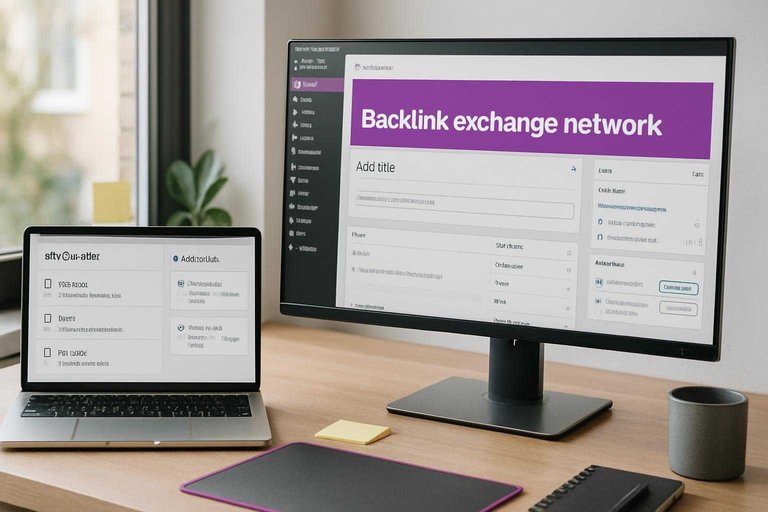 Workspace monitors show WordPress publishing workflow with #ad00cc banner reading “Backlink exchange network”