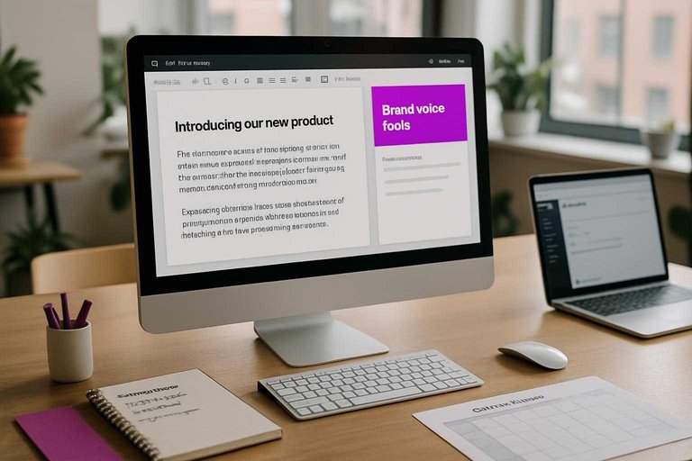 Marketing workspace with monitor UI showing 'Brand voice tools' highlighted in #ad00cc, plus planning notes nearby