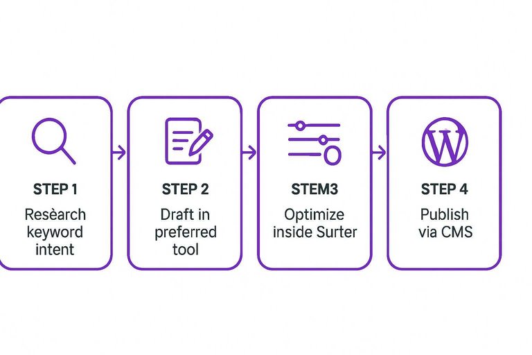 Four-step flow: Research keyword intent → Draft in preferred tool → Optimize inside Surfer → Publish via CMS