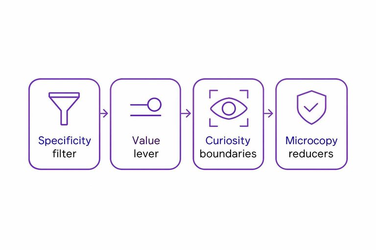 Four-step flow: Specificity filter → Value lever → Curiosity boundaries → Microcopy reducers