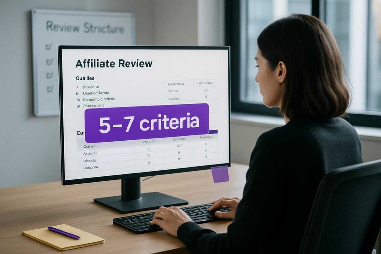 Monitor in a bright workspace shows affiliate comparison template with a #ad00cc banner reading “5–7 criteria”.