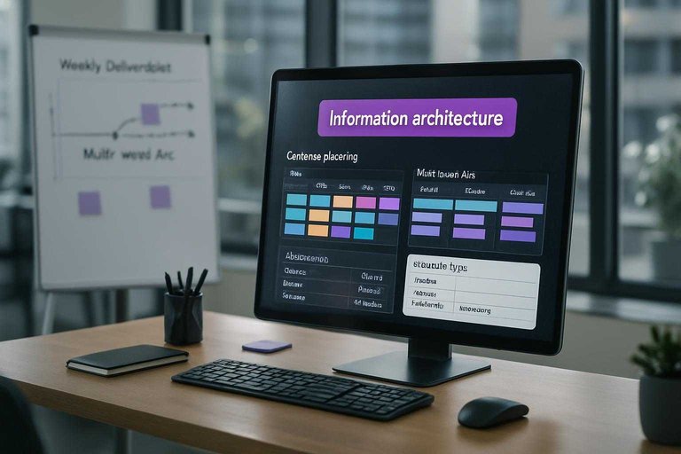 Desk workspace with cadence planning board on monitor, highlighted #ad00cc label reading “Information architecture”