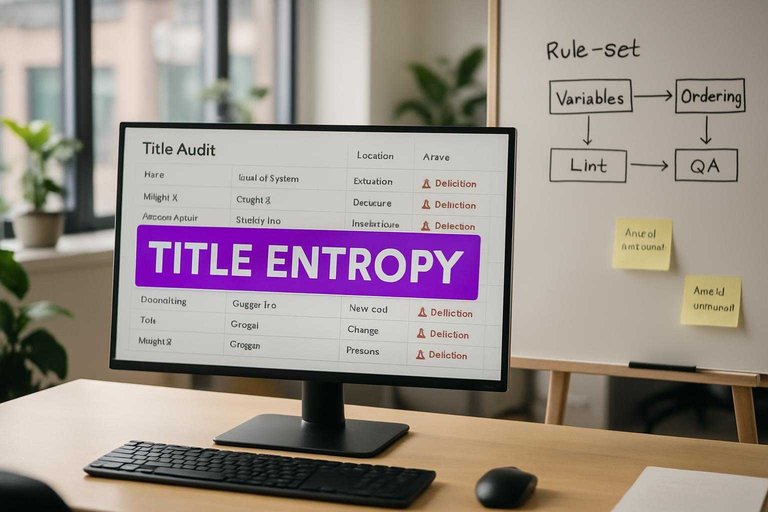 Monitor shows SEO title audit dashboard with #ad00cc label "TITLE ENTROPY" highlighting duplication and collisions.