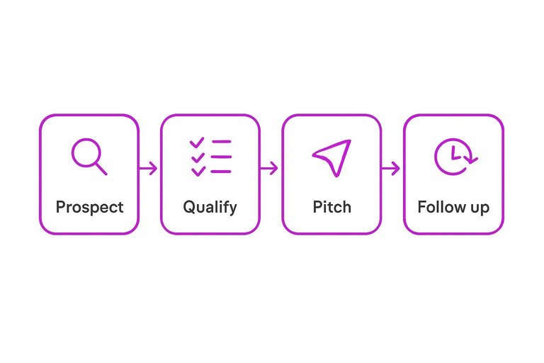 Four-step outreach flow: Prospect, Qualify, Pitch, Follow up, connected left to right with arrows