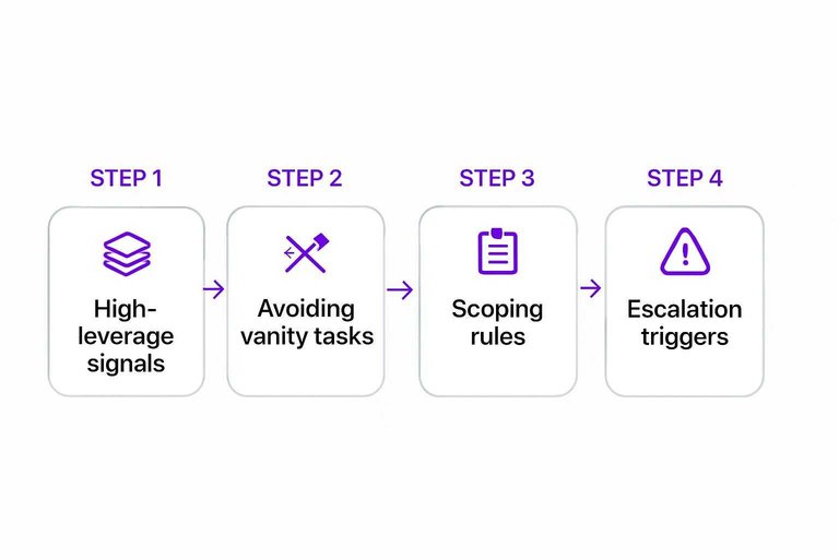Four-step flow: High-leverage signals → Avoiding vanity tasks → Scoping rules → Escalation triggers