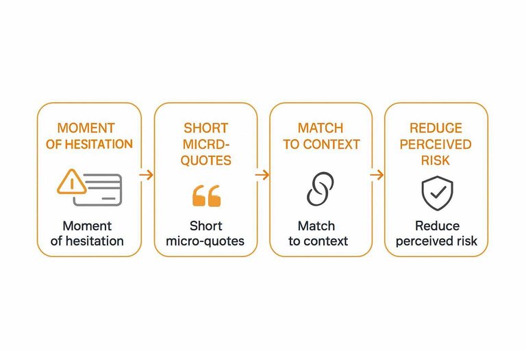 Four-step flow: Moment of hesitation → Short micro-quotes → Match to context → Reduce perceived risk
