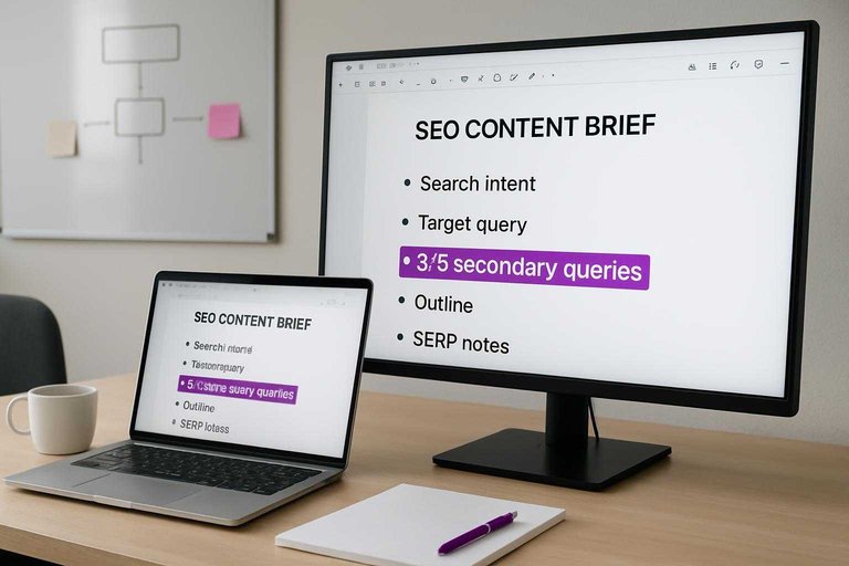 Monitor shows SEO content brief with #ad00cc highlight reading “3–5 secondary queries” in a clean workspace