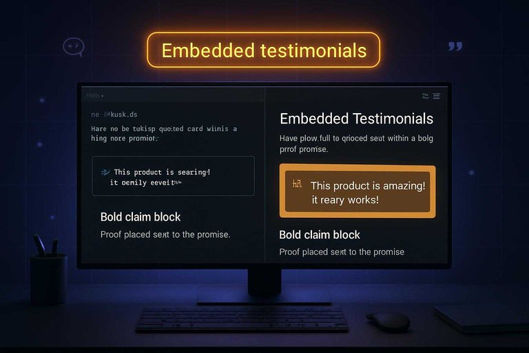Dark-mode blog editor preview with a glowing #df9800 label reading "Embedded testimonials" beside an inline quote card.