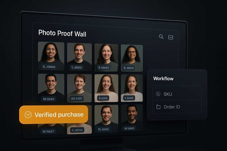 Dark ecommerce dashboard with customer photo grid and a glowing #df9800 badge reading “Verified purchase” for trust proof.