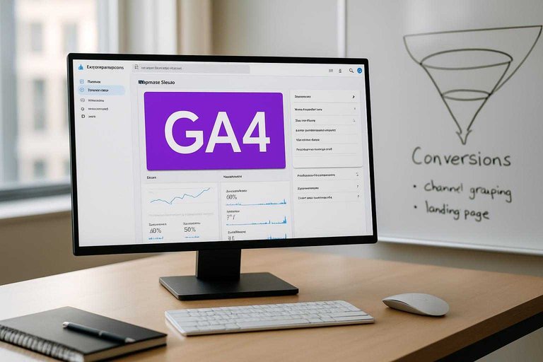 Office analytics workspace with dashboard on monitor featuring a purple banner that reads "GA4"