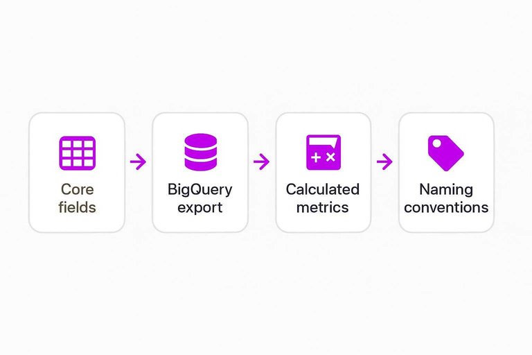 Four-step flow: Core fields → BigQuery export → Calculated metrics → Naming conventions, connected by arrows