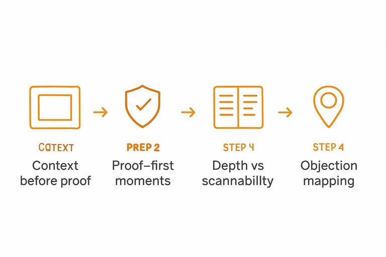 Four-step flow: Context before proof, Proof-first moments, Depth vs scannability, Objection mapping connected by arrows