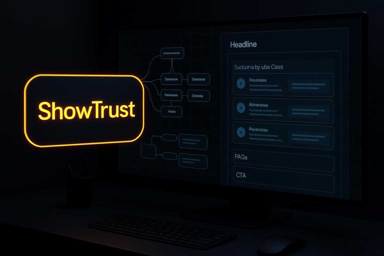 Dark UX dashboard and IA diagram for a testimonials landing page with a glowing #df9800 label reading "ShowTrust"