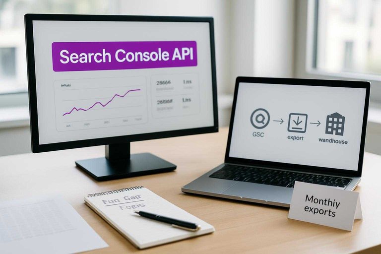 Monitor shows SEO export workflow labeled “Search Console API” with #ad00cc accents, highlighting data limits and exports.