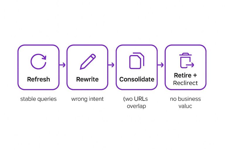 Four-step flow: Refresh, Rewrite, Consolidate, Retire + Redirect connected by arrows