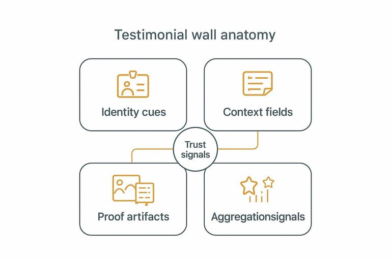 Quadrant layout linking Identity cues, Context fields, Proof artifacts, and Aggregation signals to Trust signals