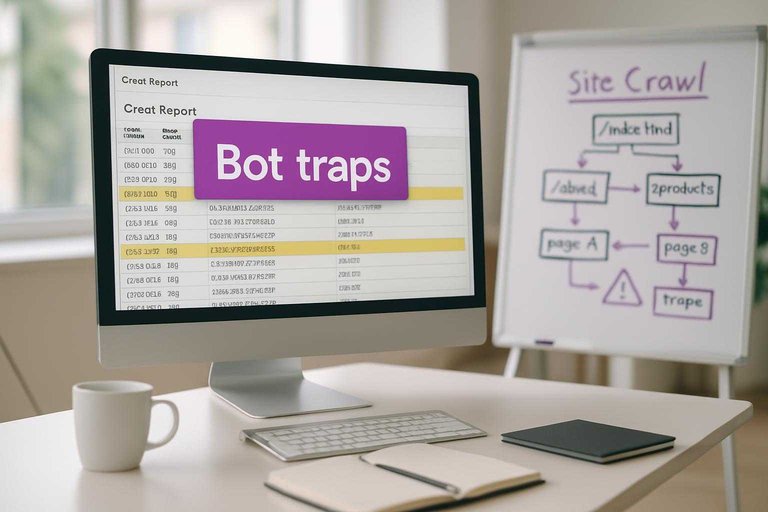 Monitor with server log viewer and #ad00cc banner reading "Bot traps," highlighting hidden crawl issues.
