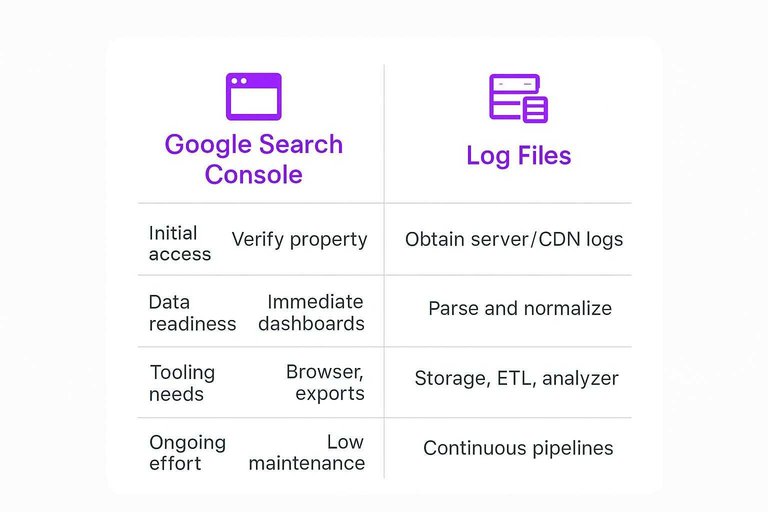 Comparison: Initial access, Data readiness, Tooling needs, Ongoing effort for Google Search Console vs Log Files