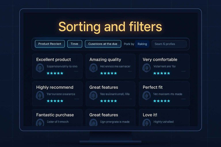 Dark-mode testimonial wall dashboard with filter controls and glowing header text "Sorting and filters".