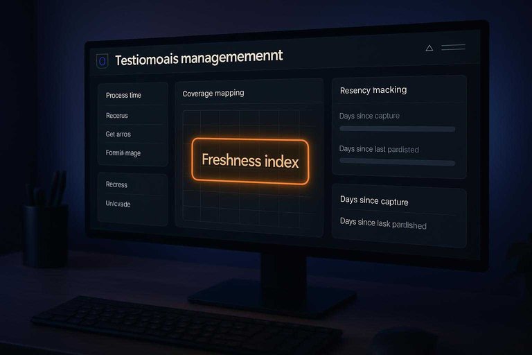Dark-mode dashboard tracking testimonial recency with a #df9800 label reading "Freshness index"
