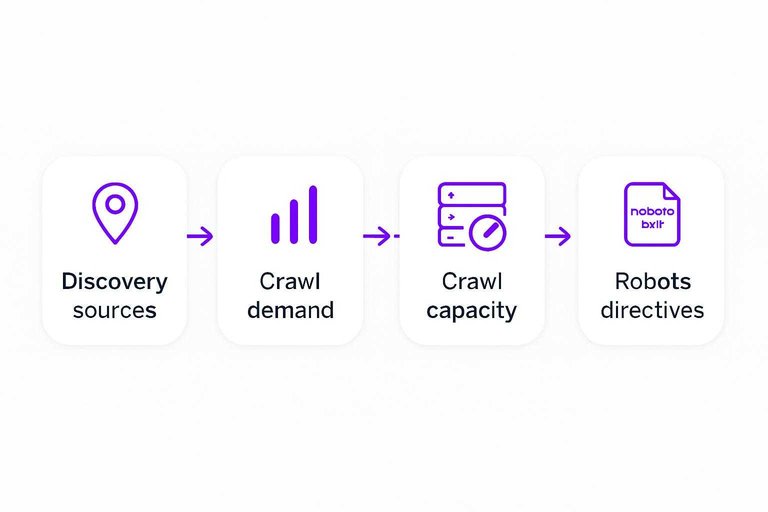 Four-step flow: Discovery sources → Crawl demand → Crawl capacity → Robots directives, connected by arrows