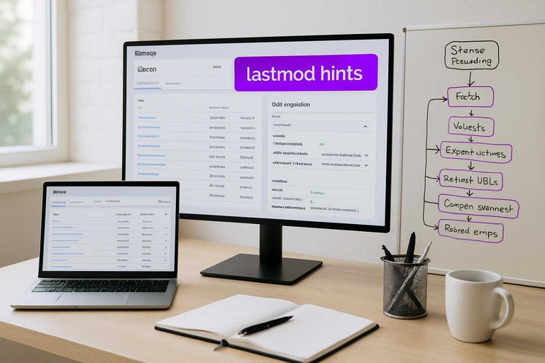 Monitor showing sitemap and URL inspection dashboard with a #ad00cc callout reading "lastmod hints".