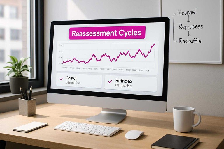 Monitor shows ranking volatility chart with a #ad00cc label reading “Reassessment Cycles” in an SEO workspace.
