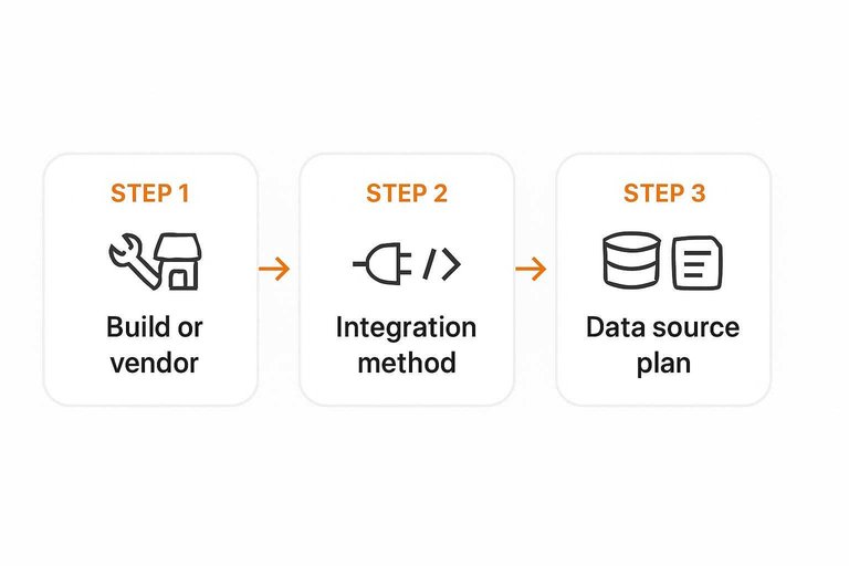 Three-step flow: Build or vendor → Integration method → Data source plan with arrows between steps