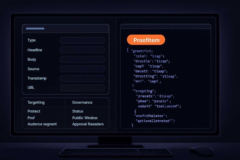 Dark-mode schema editor for a SaaS social proof widget with a #df9800 label reading “ProofItem” above model fields