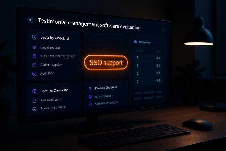 Dark-mode tool evaluation dashboard with glowing #df9800 label reading "SSO support" beside security checks and scorecard UI