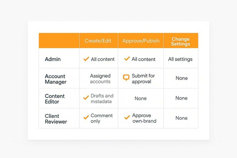 Role matrix comparing Admin, Account Manager, Content Editor, Client Reviewer across Create/Edit, Approve/Publish, Change Settings