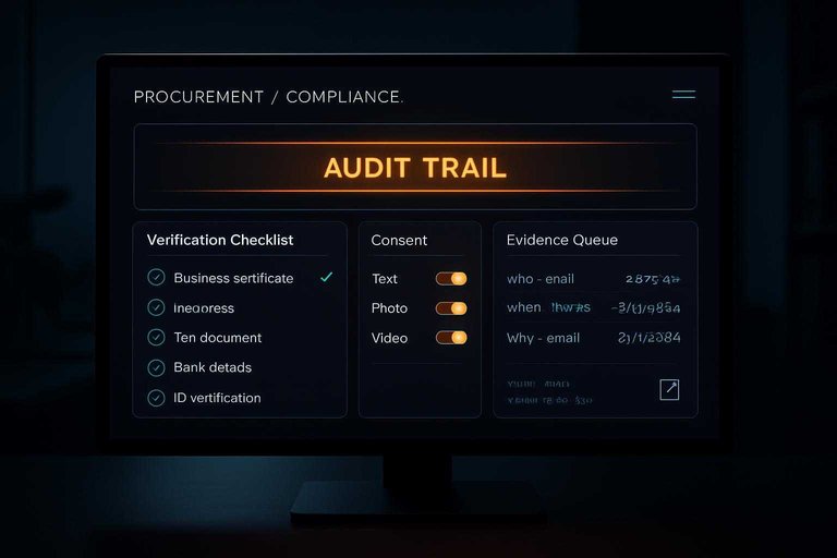 Compliance dashboard with glowing "Audit trail" label, showing consent toggles, verification checks, and change logs