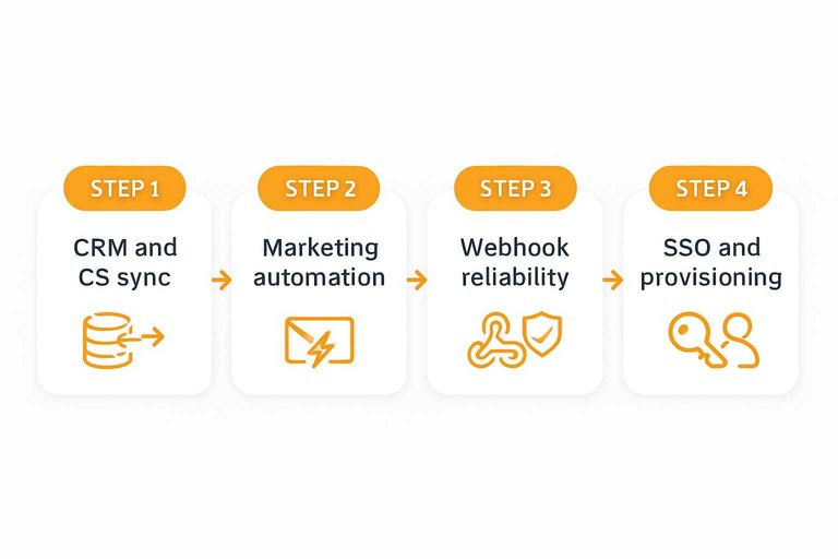 Four-step flow: CRM and CS sync → Marketing automation → Webhook reliability → SSO and provisioning