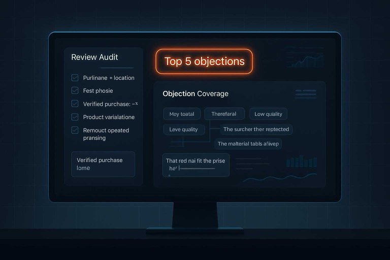 Dark ecommerce review-audit dashboard with #df9800 badge reading "Top 5 objections" and testimonial credibility checklist