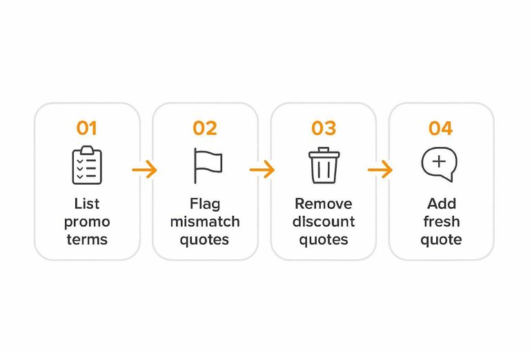 Four-step flow: List promo terms, Flag mismatch quotes, Remove discount quotes, Add fresh quote