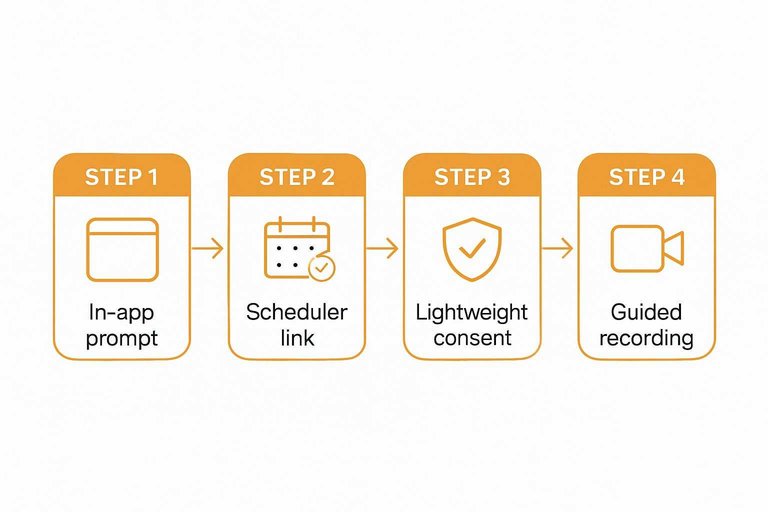 Four-step flow: In-app prompt → Scheduler link → Lightweight consent → Guided recording with arrows