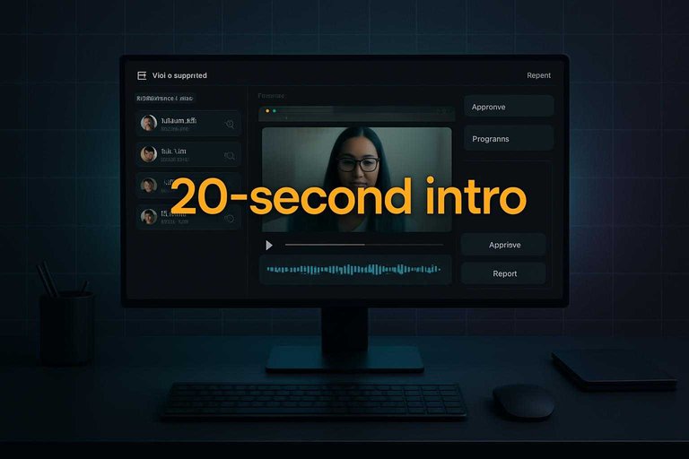 Dark SaaS dashboard for collecting video testimonials with a glowing #df9800 label reading '20-second intro'