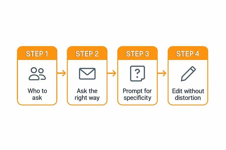 Four-step flow: Who to ask → Ask the right way → Prompt for specificity → Edit without distortion