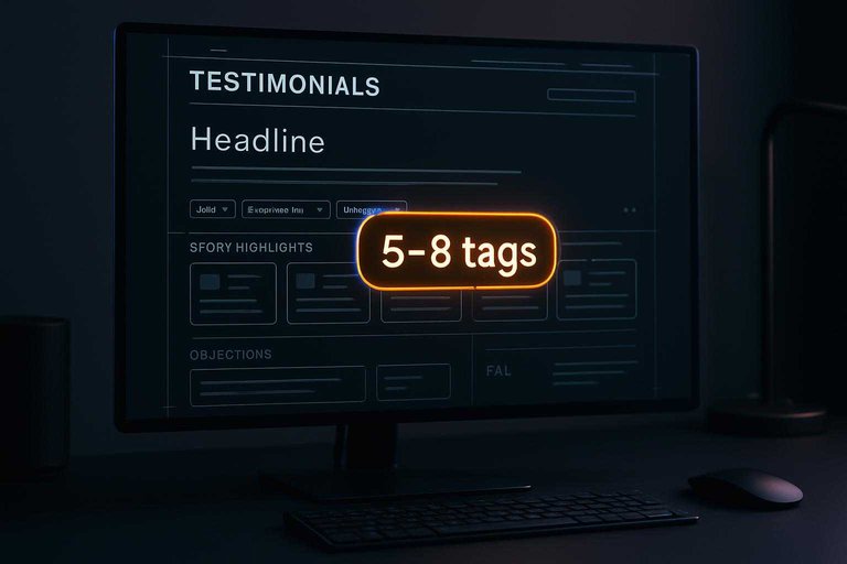 Dark-mode wireframe dashboard for testimonials page with glowing #df9800 chip reading '5–8 tags' above filters