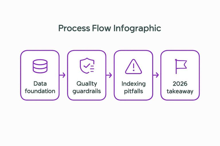 Four-step flow: Data foundation → Quality guardrails → Indexing pitfalls → 2026 takeaway