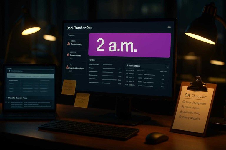Night ops desk with deal-tracker dashboard and a #ad00cc alert banner reading "2 a.m." for on-call monitoring