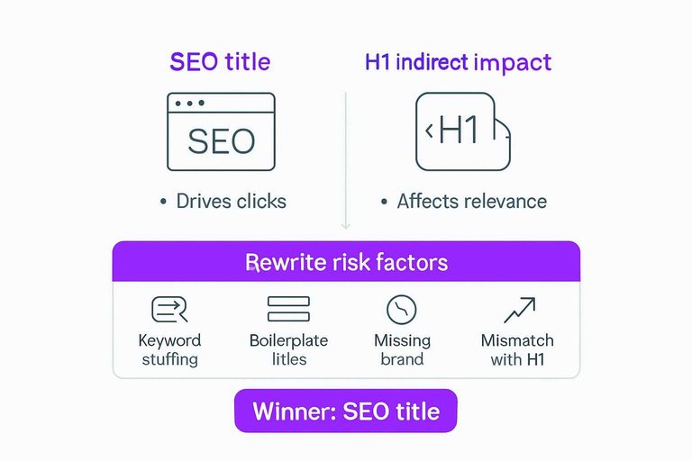 Comparison: SEO title vs H1 indirect impact, with Rewrite risk factors and conclusion Winner: SEO title