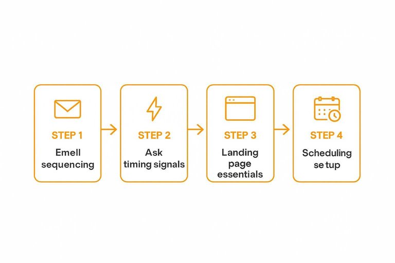 Four-step flow: Email sequencing → Ask timing signals → Landing page essentials → Scheduling setup